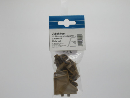 Zubehörset Wandanschlussprofil 118, Eiche hell - Zubehörset Wandanschlussprofil 118, Eiche hell,
94110, glatt, Inhalt: je 1x Innen- und Außeneck, 
Endstück li/re