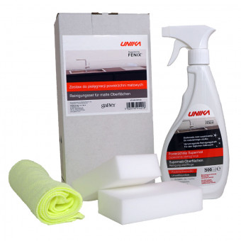 Arpa Fenix Reinigungsset - Arpa Fenix Reinigungsset
bestehend aus:
1 x Reiniger für Supermatt-Oberflächen 500 ml
2 x Radierschwämme
1 x Mikrofasertuch
A600511